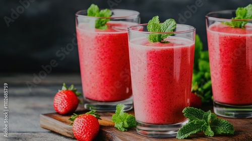Wallpaper Mural Refreshing strawberry smoothies garnished with mint, served in clear glasses, perfect for a healthy treat. Torontodigital.ca