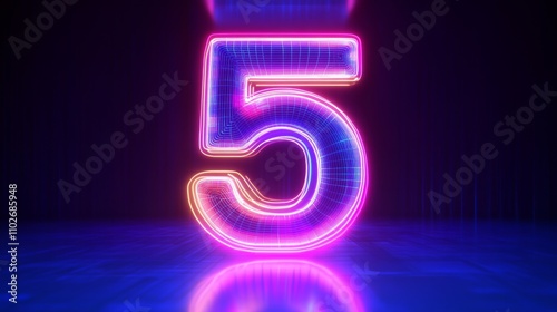 Neon Number Five in Futuristic Design with Pink and Blue Glow in Dark Background