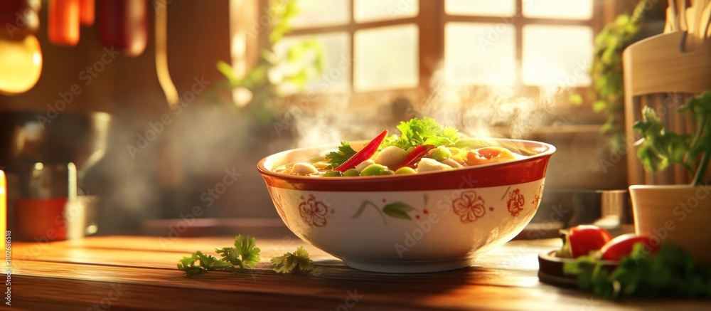 A vibrant Thai kitchen with a steaming bowl of tom yum soup, garnished with cilantro and chilies A vibrant Thai kitchen with a steaming bowl of tom yum soup, garnished with cilantro and chilies