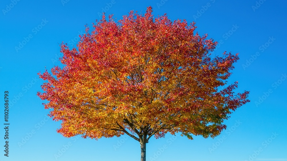 A vibrant autumn tree with golden and red leaves, set against a bright blue sky in a scenic nature setting A vibrant autumn tree with golden and red leaves, set against a bright blue sky in a scenic nature setting