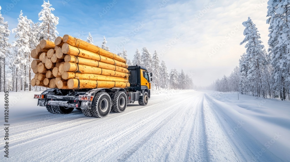 Heavy Truck Transporting Logs in Snowy Landscape Heavy Truck Transporting Logs in Snowy Landscape