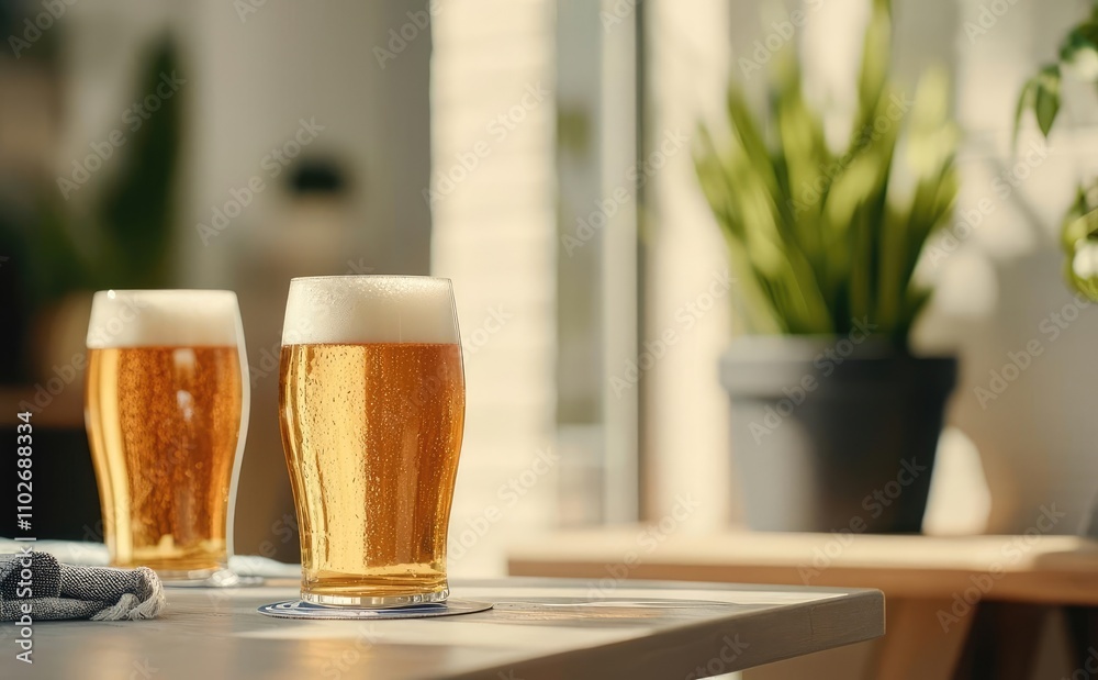 Two glasses of beer on a table with a plant in the background, warm ambiance. Two glasses of beer on a table with a plant in the background, warm ambiance.