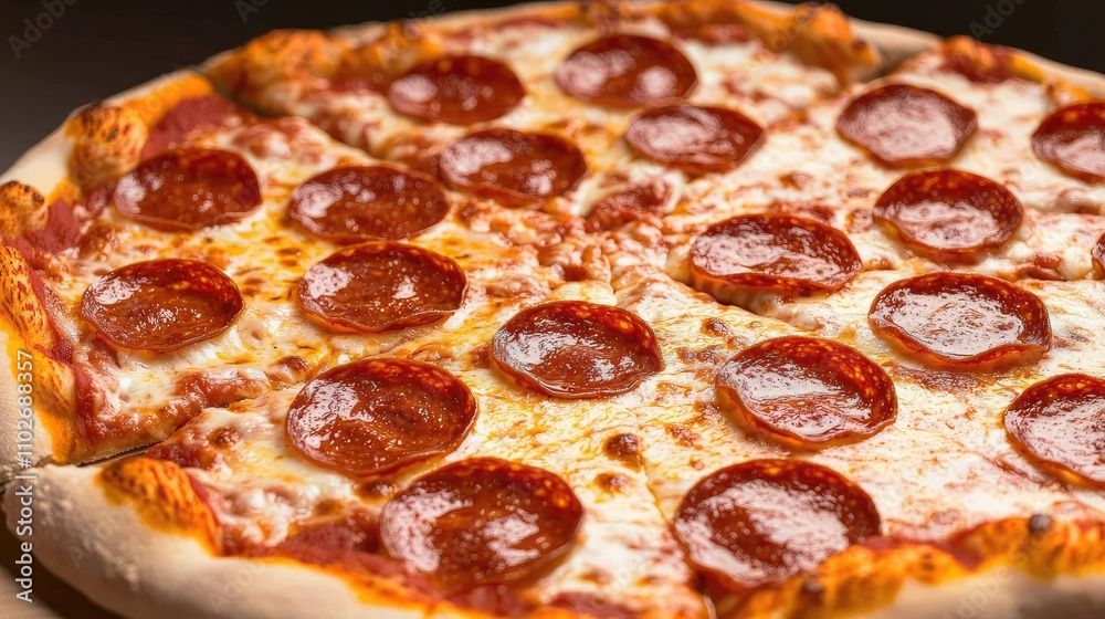 Delicious pepperoni pizza with melted cheese on a golden crust, appetizing close-up.