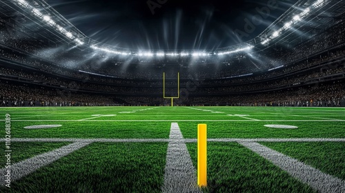 Illuminated American Football Stadium at Night with Grass Field and Yellow Goalposts for Sports Advertisement photo