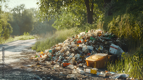 A large pile of rubbish carelessly dumped by the roadside. Suitable for marketing or business purposes. Panoramic banner with place for text photo