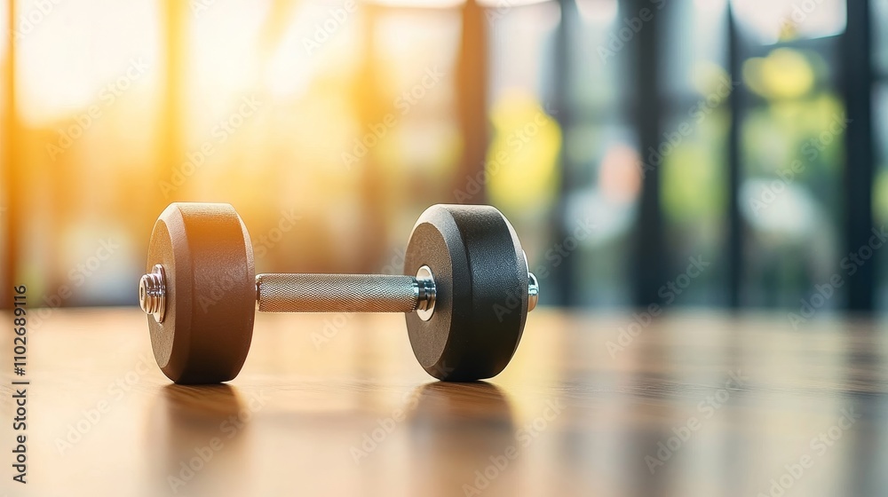 Dumbbell on a Wooden Surface in Bright Setting Dumbbell on a Wooden Surface in Bright Setting
