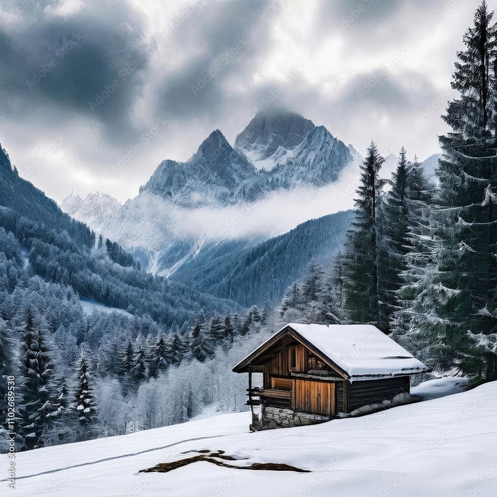 Fototapeta premium the AI Image Generator, Cozy Cabin in a Serene Snowy Mountain Landscape