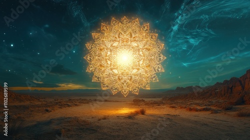 Glowing mandala floats above desert landscape at sunset, under a vibrant night sky.