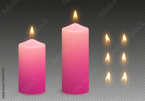 Wax candles with glowing light and flame variations. Realistic pink paraffin candles. Vector illustration.
