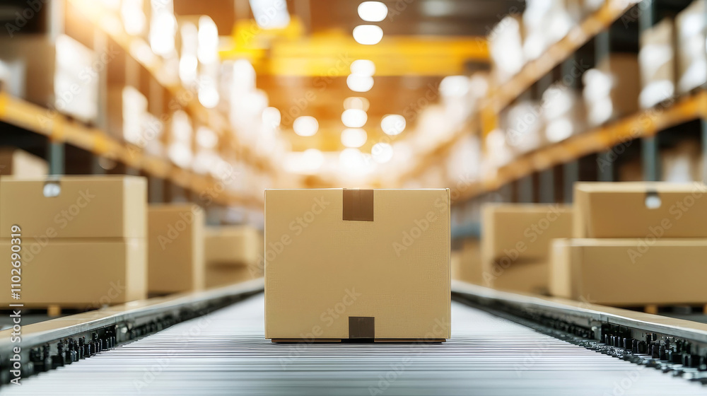 A single cardboard box is positioned on a conveyor in a warehouse filled with stacked packages, showcasing an efficient shipping process. A single cardboard box is positioned on a conveyor in a warehouse filled with stacked packages, showcasing an efficient shipping process.