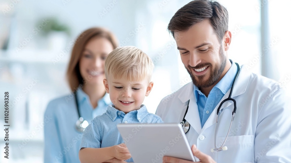 Young patient being examined by caring doctor using digital tablet during consultation in modern medical clinic or hospital setting Family centered healthcare and medical treatment concept Young patient being examined by caring doctor using digital tablet during consultation in modern medical clinic or hospital setting Family centered healthcare and medical treatment concept