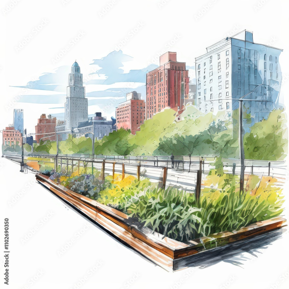 Fototapeta premium the AI Image Generator, Urban Walkway Through Vibrant Cityscape and Lush Greenery