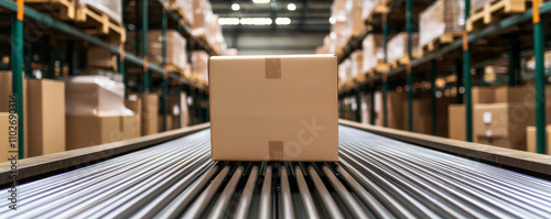 A brown cardboard box sits on a conveyor belt in a warehouse, surrounded by shelves filled with more boxes, indicating a busy storage and distribution environment.