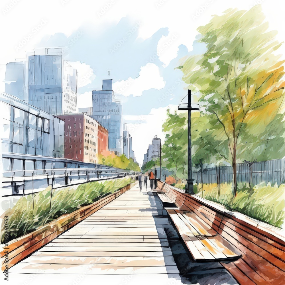 Fototapeta premium the AI Image Generator, Urban Walkway Through Vibrant Cityscape and Lush Greenery