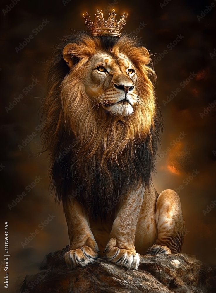 Majestic lion king of beasts with golden crown on rocky outcrop