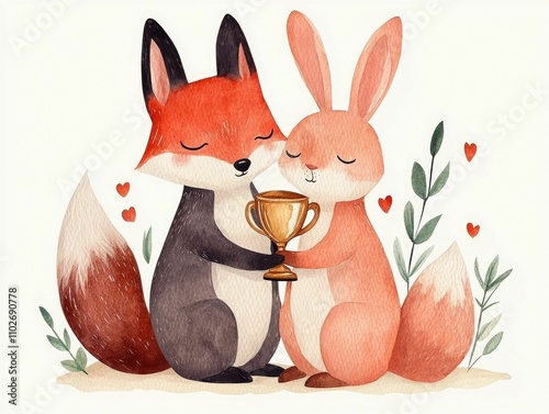 Adorable Fox and Bunny Holding Trophies in Whimsical Watercolor Style   Cute and Heartwarming Wildlife Nursery Decor or Children s Art photo