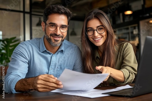 Smiling woman financial advisor consulting man client reading document in modern office meeting