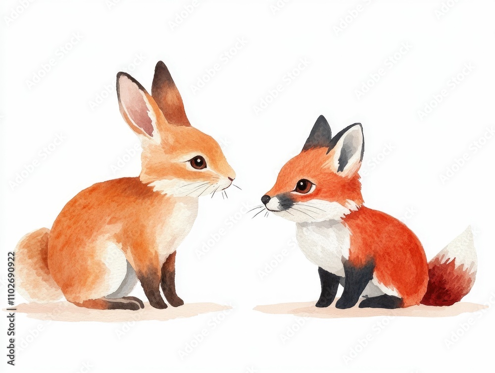 Charming watercolor of a bunny and fox racing on a track cheering each other on in a playful whimsical style with a pastel color palette perfect for a cozy nursery or children s room decor Charming watercolor of a bunny and fox racing on a track cheering each other on in a playful whimsical style with a pastel color palette perfect for a cozy nursery or children s room decor
