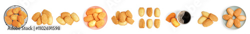 Set of sweet madeleine cakes on white background, top view photo