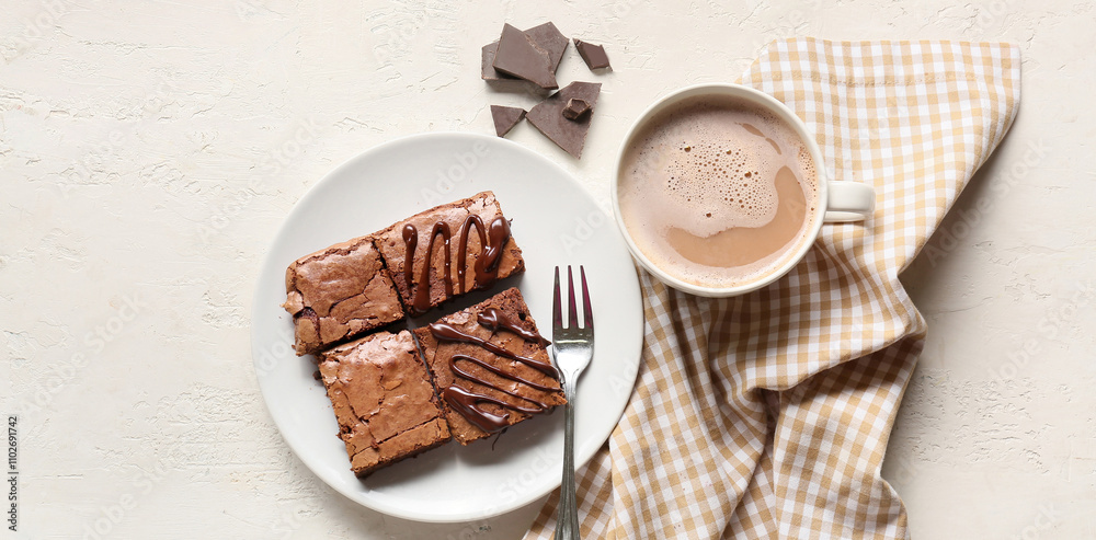 Fototapeta premium Plate with chocolate brownie pieces and cup of coffee on white background