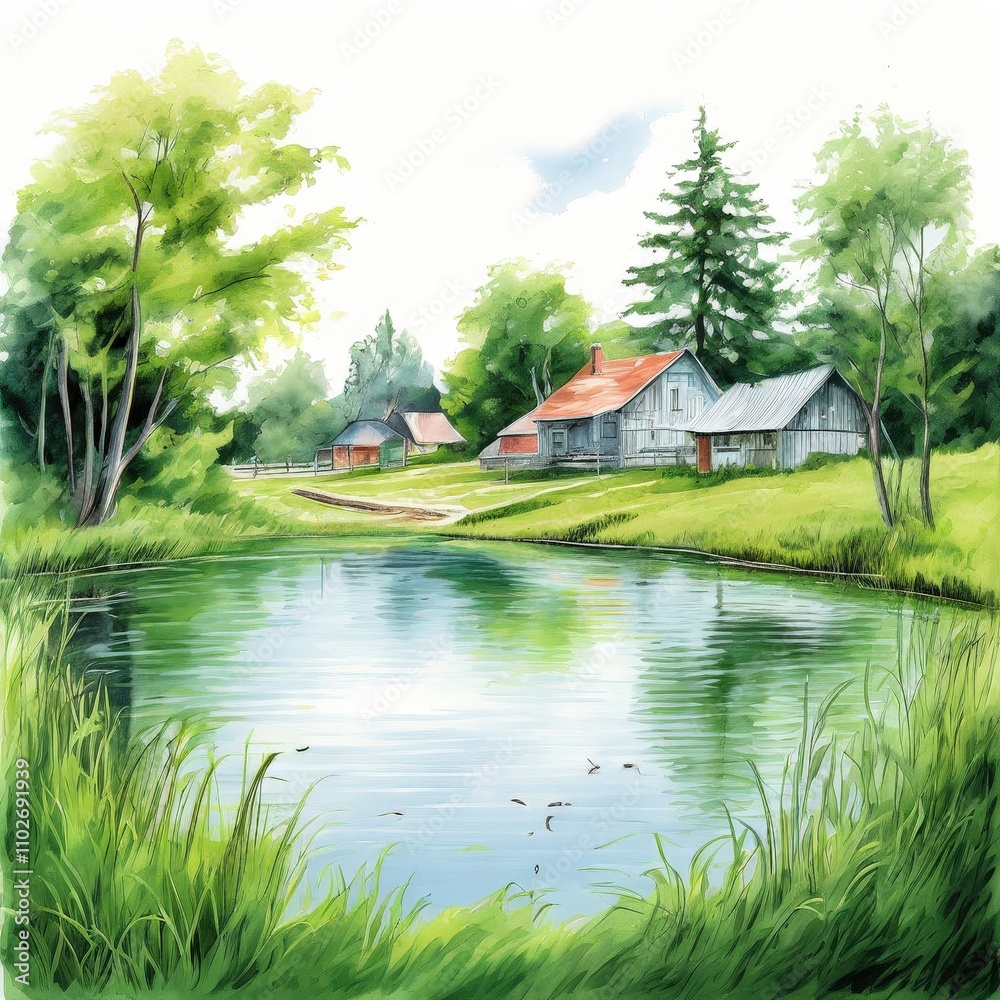 Obraz premium the AI Image Generator, Tranquil Countryside Creek With Rustic Cabins