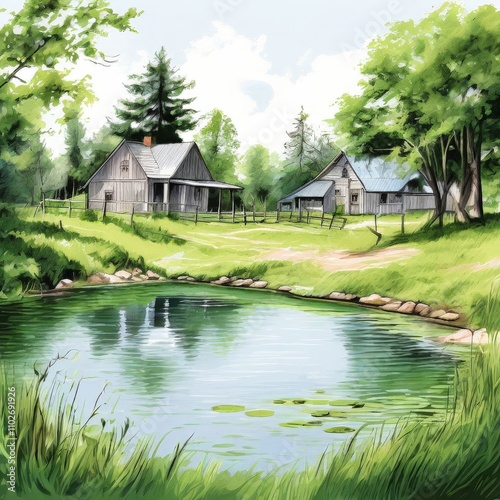 the AI Image Generator, Tranquil Countryside Creek With Rustic Cabins