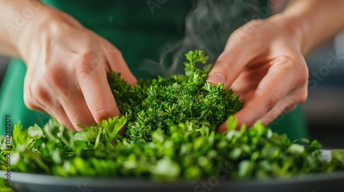 Wallpaper Mural Fresh herbs are being prepared in a kitchen, showcasing hands chopping parsley, with steam rising in a vibrant cooking environment. Torontodigital.ca