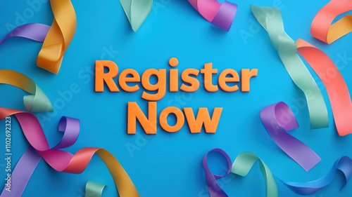 Register Now concept. Colorful ribbons illustration 
 surround a vibrant 