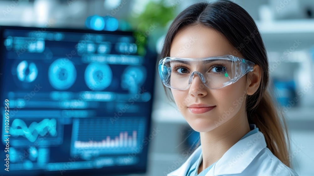 Portrait of a professional female scientist in a white lab coat examining data and information on multiple digital screens in a high tech research laboratory Portrait of a professional female scientist in a white lab coat examining data and information on multiple digital screens in a high tech research laboratory