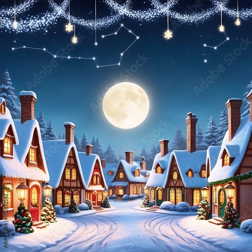 A whimsical Christmas village illustration with snow-covered rooftops, warm glowing windows, and a wide, clear starry sky for festive greetings or text overlay photo