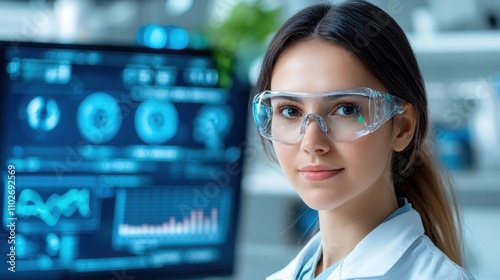 Portrait of a professional female scientist in a white lab coat examining data and information on multiple digital screens in a high tech research laboratory