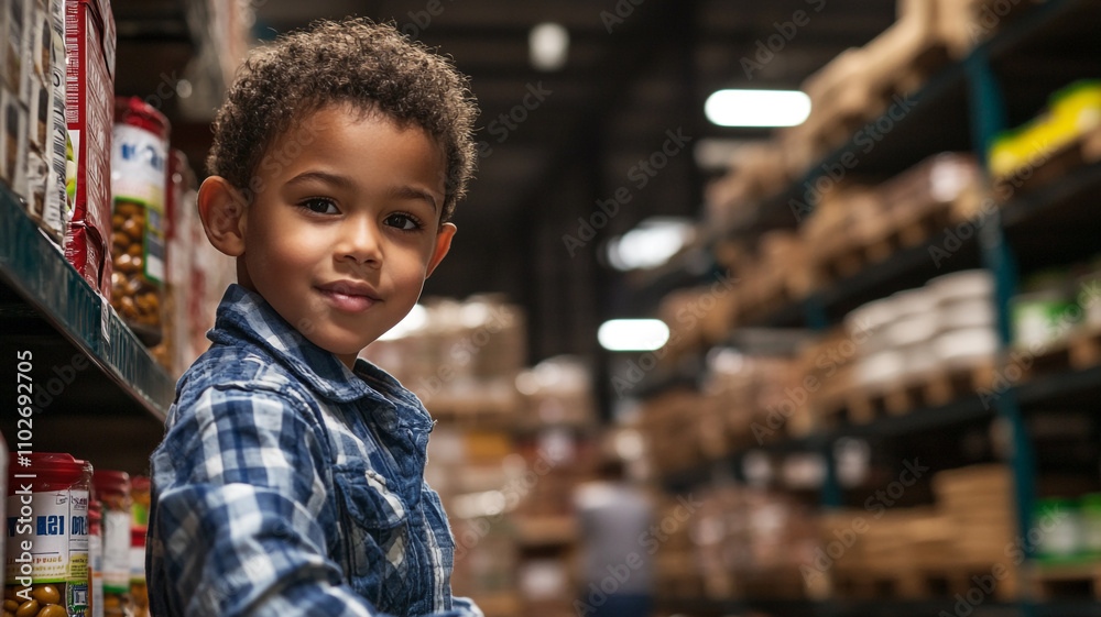 Child volunteers at food pantry helping families in need during community outreach Child volunteers at food pantry helping families in need during community outreach