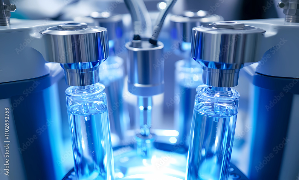 Blue liquid being filled into vials by an observable machine with three large metallic tubes connected to the main body of the equipment