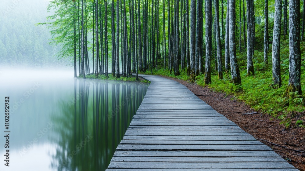 Fototapeta premium A serene wooden boardwalk winds through lush green trees beside a tranquil lake, enveloped in mist.