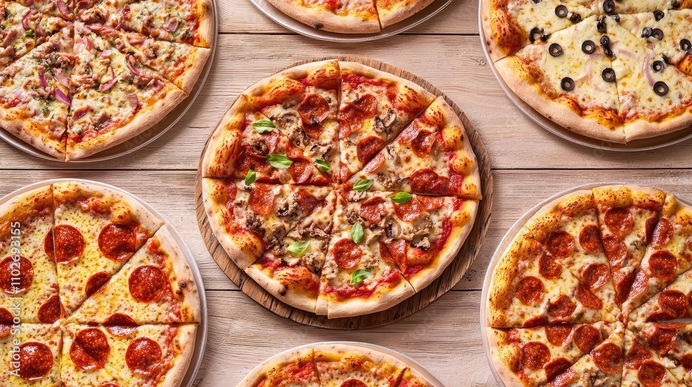 Variety of pizzas displayed on a wooden table. Variety of pizzas displayed on a wooden table.