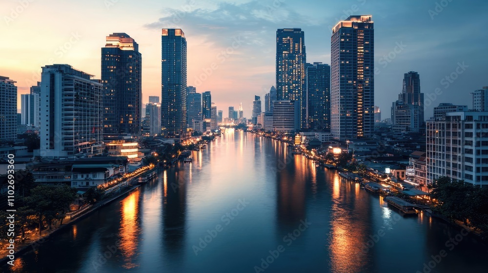Naklejka premium City skyline at sunset over a calm river reflecting urban lights