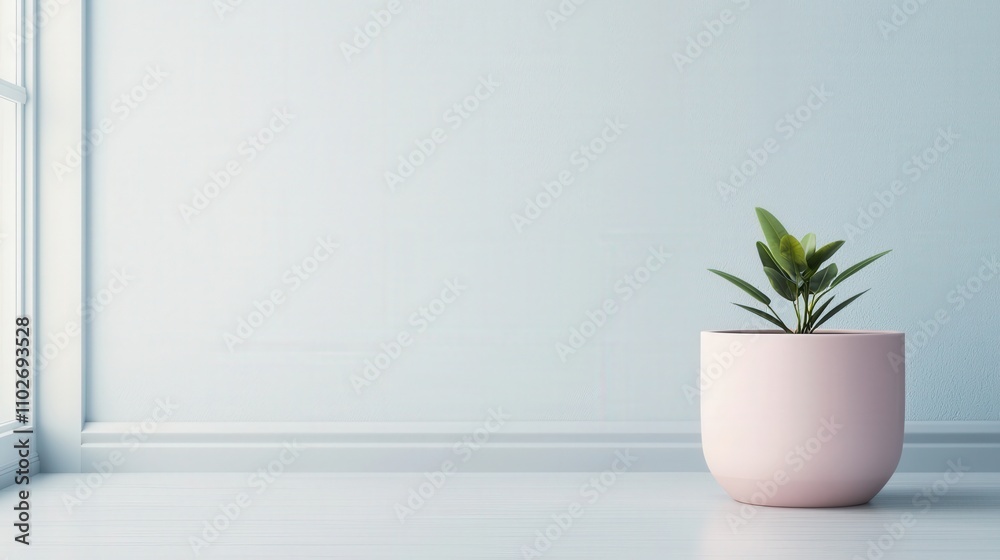 A minimalist indoor scene featuring a small green plant in a light pink pot, placed on a clean, bright surface beside a window. A minimalist indoor scene featuring a small green plant in a light pink pot, placed on a clean, bright surface beside a window.