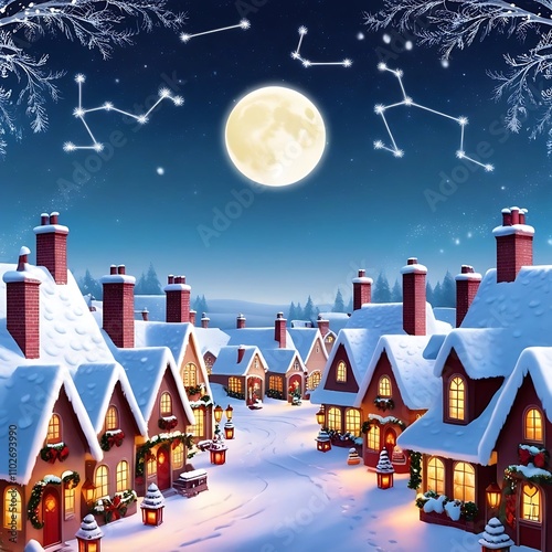 A whimsical Christmas village illustration with snow-covered rooftops, warm glowing windows, and a wide, clear starry sky for festive greetings or text overlay photo