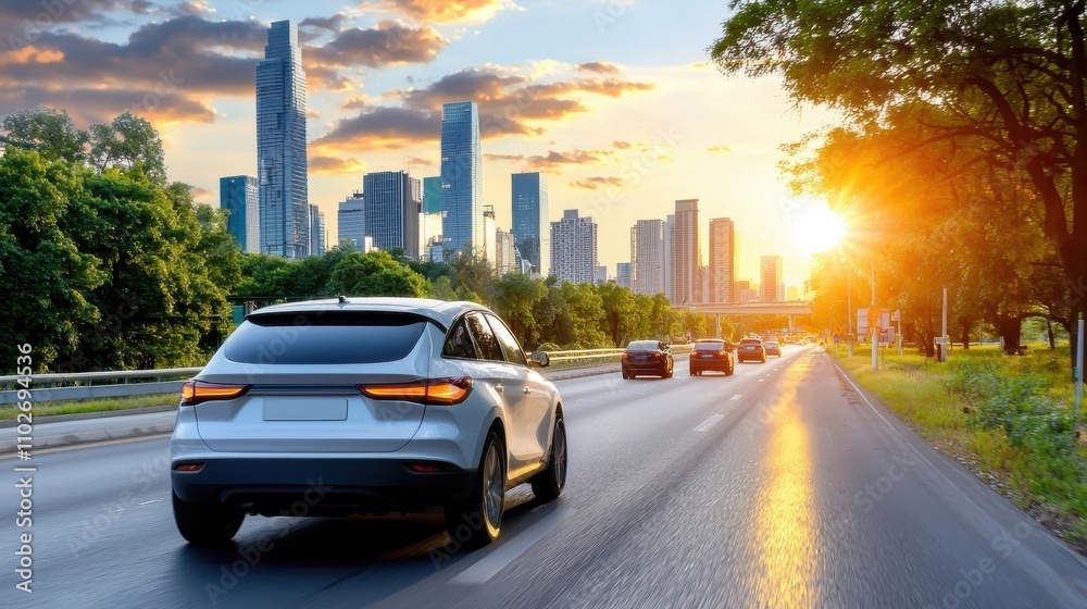 Fototapeta premium Dramatic cityscape with towering skyscrapers and illuminated skyline set against a vibrant sunset sky Vehicles traveling on the highway through the modern bustling urban environment