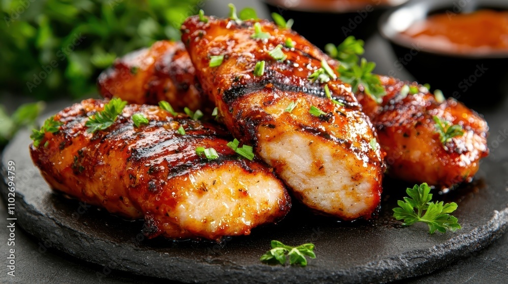 Mouthwatering grilled chicken platter beautifully presented with a mix of aromatic herbs savory sauces and spices creating a tempting and satisfying dining experience for any occasion