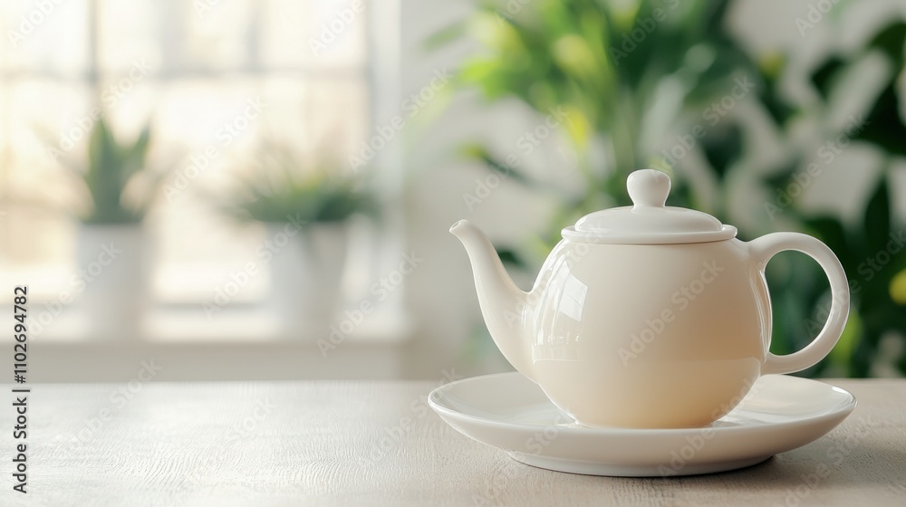 A serene scene featuring a white teapot on a plate, set against a backdrop of greenery and soft natural light. A serene scene featuring a white teapot on a plate, set against a backdrop of greenery and soft natural light.