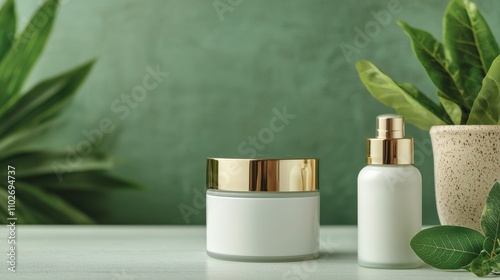 A minimalist display of skincare products on a white surface, surrounded by lush green plants, creating a fresh and natural aesthetic.