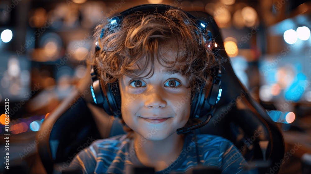 Boy Enthusiastically Playing Video Games on Computer in Gaming Chair with Headphones and Blue Light Effects Boy Enthusiastically Playing Video Games on Computer in Gaming Chair with Headphones and Blue Light Effects