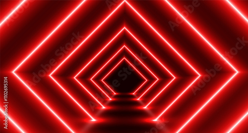 Neon tunnel, futuristic room with led corridor, glowing rhombus modern background. Vector illustration.