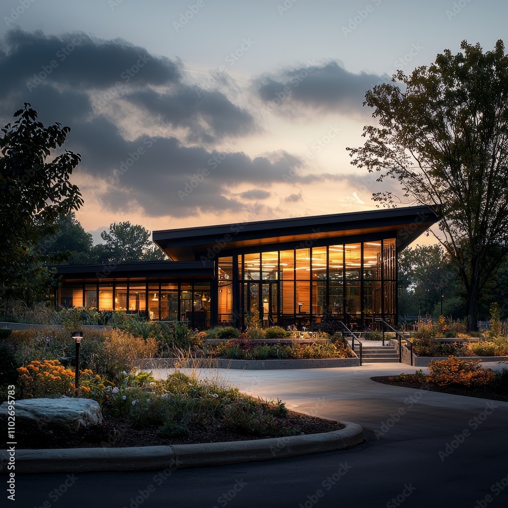 Community center showcasing innovative energy solutions serene environment modern architecture daytime perspective sustainable living Community center showcasing innovative energy solutions serene environment modern architecture daytime perspective sustainable living