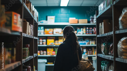 A person stands in a food pantry, browsing shelves lined with various food items
