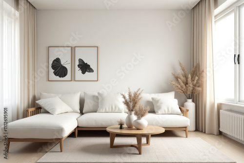 Modern Neutral Living Room Decor with Wooden Coffee Table and Dried Floral Arrangement