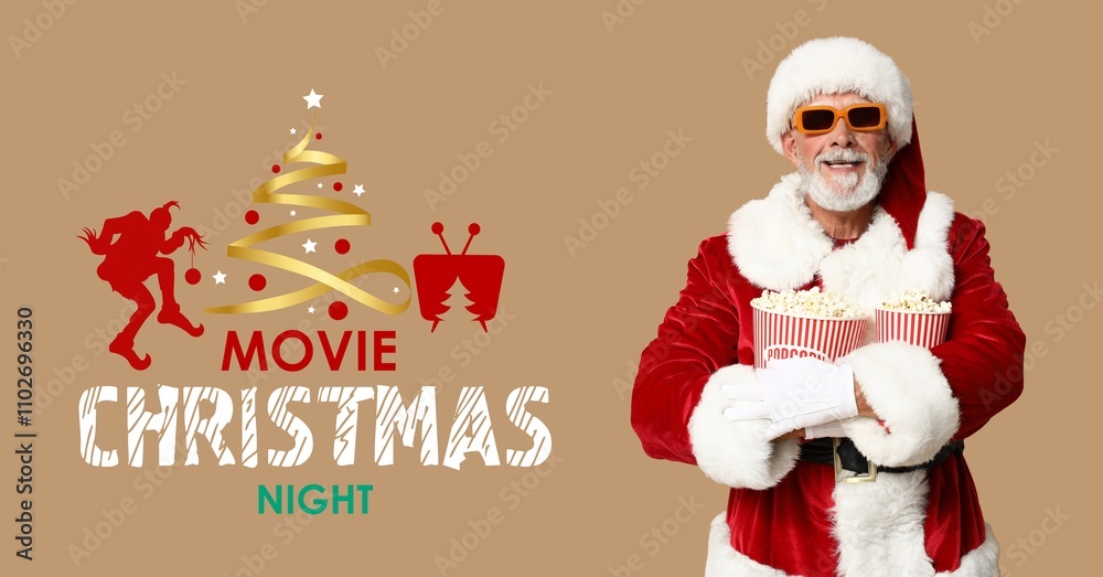 Santa Claus with 3D glasses and buckets of tasty popcorn on brown background. Christmas Movie Night Santa Claus with 3D glasses and buckets of tasty popcorn on brown background. Christmas Movie Night