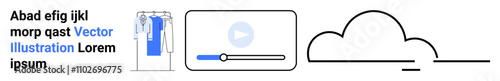 Text block next to a hanging clothing rack, video player interface, and outlined cloud graphic. Ideal for content creation, multimedia, e-commerce, fashion, cloud services, online video platforms