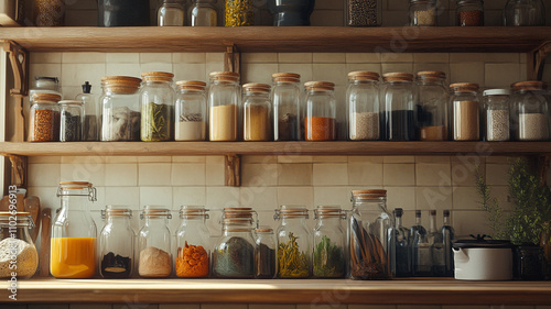 Food pantry shelves filled with jars of grains, spices, and ingredients in a community kitchen